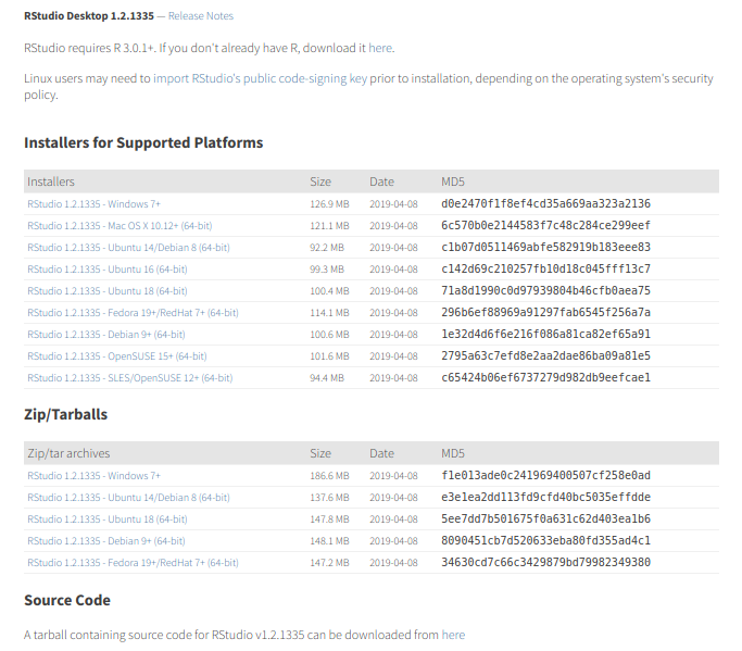 Instaladores disponíveis para o RStudio.