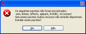 Mensagem que solicita a instalação de alguns pacotes por ocasião da primeira vez que o R Commander é executado.