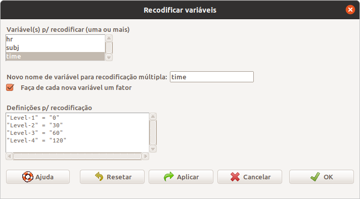 Renomeação das categorias da variável time por meio da função Recode.