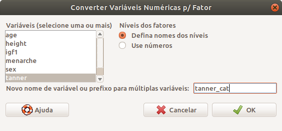 Passos para criar as categorias de uma variável: selecionamos a variável na lista da esquerda, escolhemos se as categorias serão dadas como texto e fornecemos o nome da nova variável. Clicamos em OK.