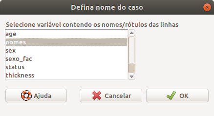 Caixa de diálogo para selecionar a variável que contém os nomes que serão usados para as observações do conjunto de dados ativo.