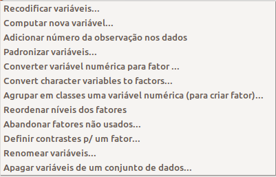 Recursos disponíveis para a manipulação de variáveis no conjunto de dados ativo.