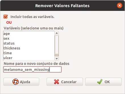Caixa de diálogo para especificarmos o que será gravado após a remoção das observações com valores ausentes.
