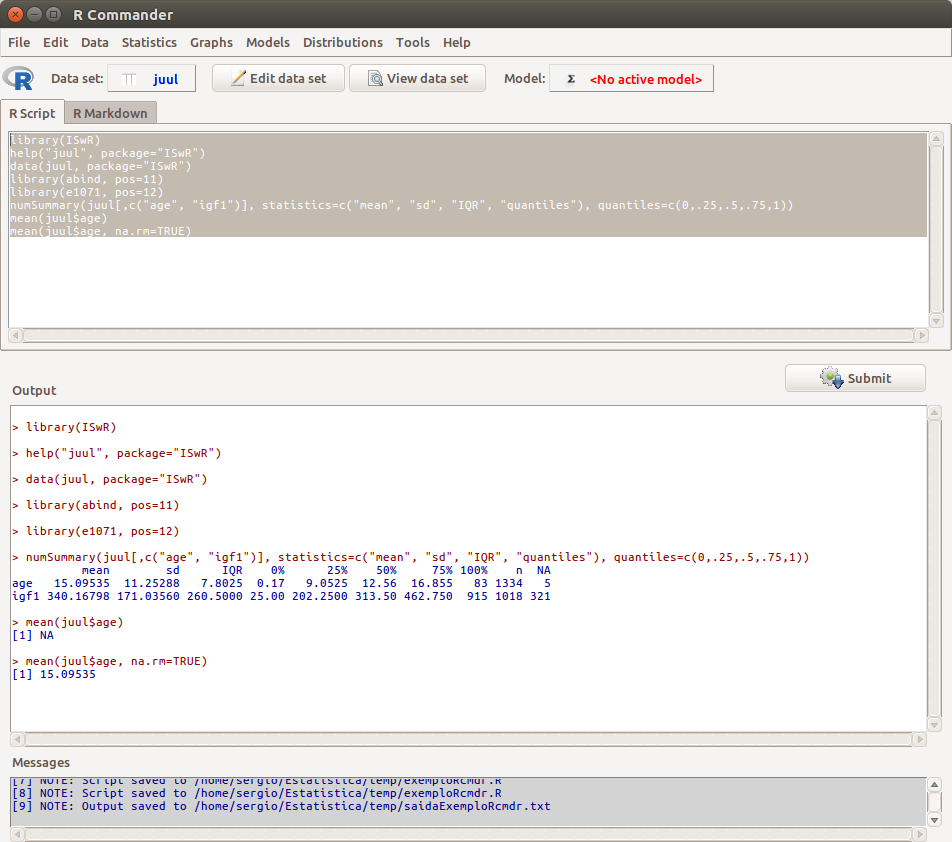 Execução automática e em sequência de um conjunto de comandos selecionados na aba R Script.