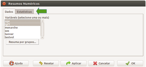 Seleção das variáveis para as quais um resumo numérico será mostrado. A seta verde indica a aba onde podem ser selecionadas as medidas que serão apresentadas.