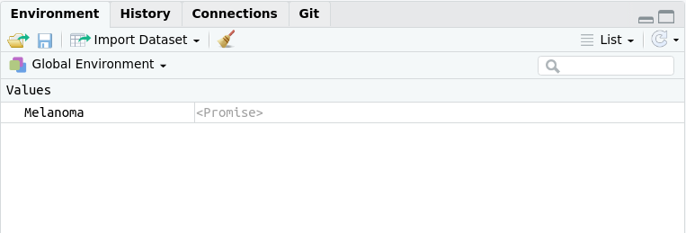 Ambiente do RStudio mostrando o objeto Melanoma recém carregado.