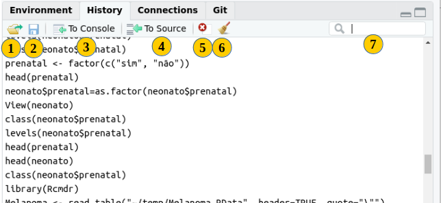 Aba History do RStudio mostrando o histórico dos comandos executados na console do RStudio.