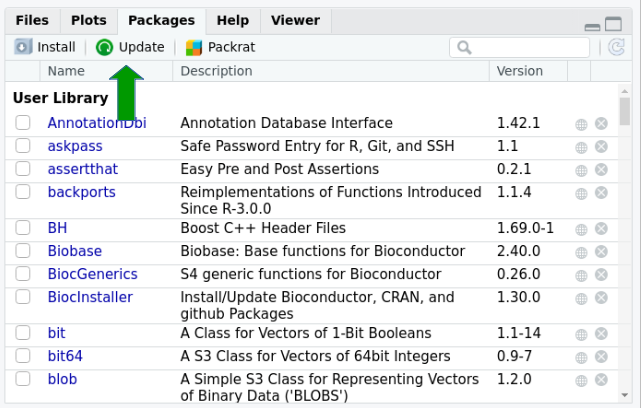 Aba Packages do RStudio. A seta verde mostra o botão para atualizar pacotes instalados.