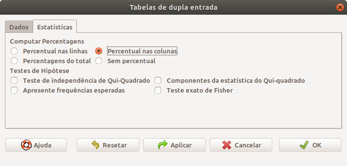 Tela para especificar que a tabela de dupla entrada irá mostrar os percentuais de cada célula em relação ao total da coluna correspondente à célula.