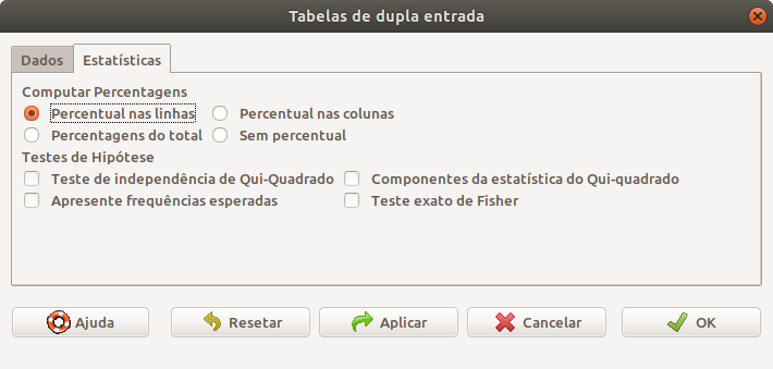 Tela para especificar que a tabela de dupla entrada irá mostrar os percentuais de cada célula em relação ao total da linha correspondente.