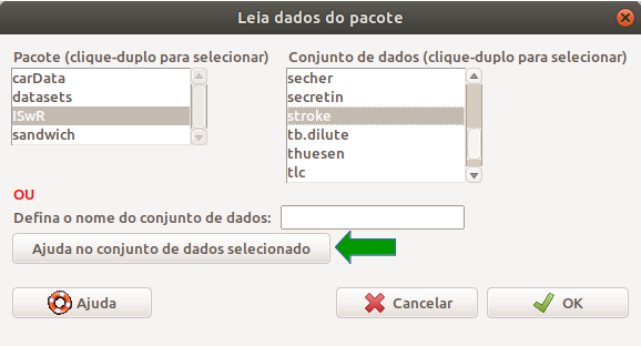 Visualizando a lista de conjuntos de dados do pacote ISwR e selecionando o conjunto stroke.