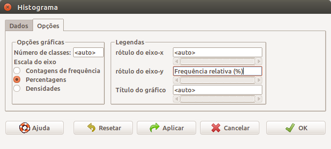 Caixa de diálogo para a criação de um histograma. Na aba Opções, podemos especificar o número de faixas de valores (classes), a escala do eixo e as legendas.