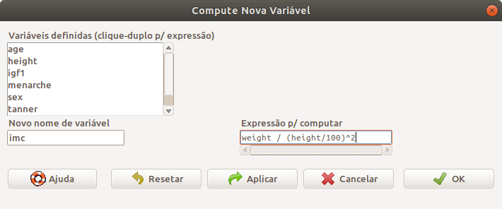 Caixa de diálogo para especificar o cálculo de uma nova variável.