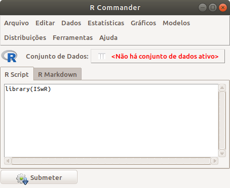 Área de Script do R Commander, com o comando para carregar o pacote ISwR.