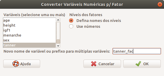 Passos para criar as categorias de uma variável: selecionamos a variável na lista da esquerda, escolhemos se as categorias serão dadas como texto e damos o nome da nova variável. Clicamos em OK.