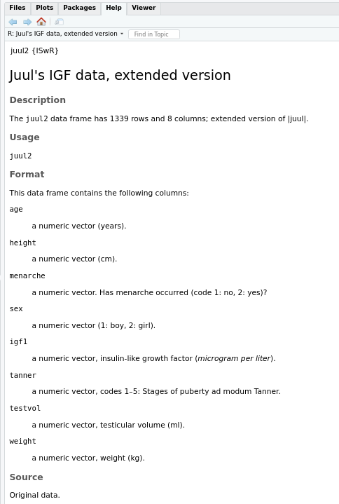 Texto com a descrição do conjunto de dados juul2 exibido no navegador de seu computador.