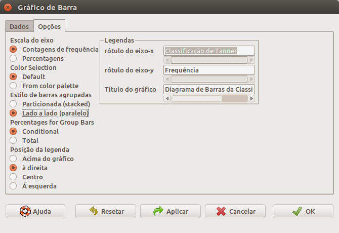 Selecionando a forma como as barras serão apresentadas: lado a lado ou empilhadas. Nesse exemplo, foi selecionada a opção lado a lado.