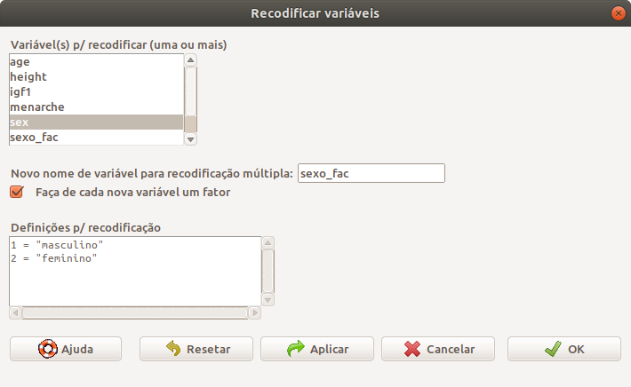 Caixa de diálogo para especificar a recodificação de uma variável.
