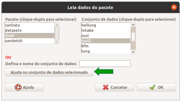 Visualizando a lista de conjuntos de dados do pacote ISwR e solicitando a ajuda para o conjunto juul2 (seta verde).