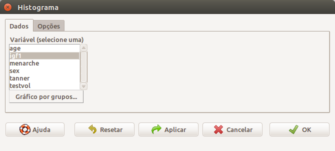 Caixa de diálogo para a criação de um histograma. Na aba Dados, selecionamos a variável numérica desejada.