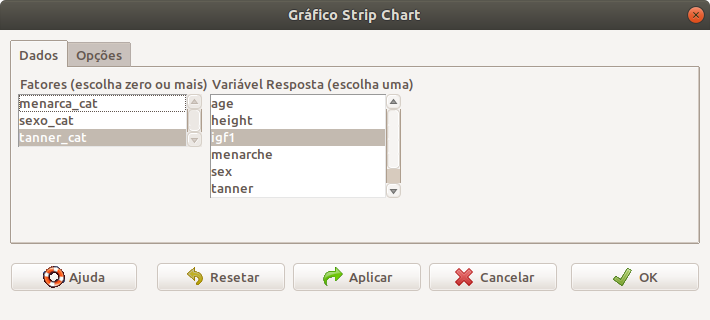 Caixa de diálogo para a criação de um diagrama de strip chart. Na aba Dados, selecionamos a variável numérica e a variável de agrupamento, se desejado.