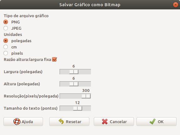 Tela para configurar as opções de exportação de um gráfico no R Commander.