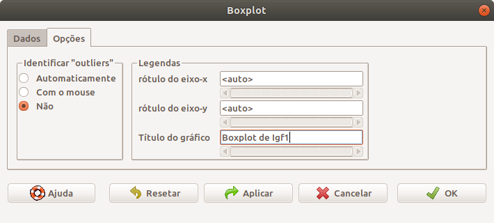 Aba Opções da caixa de diálogo para a geração do boxplot.