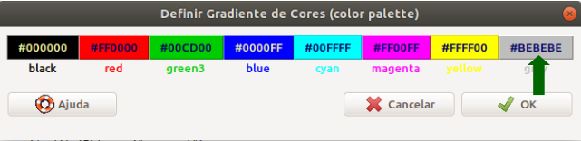 Paleta de cores do R Commander. Ao clicarmos na cor indicada pela seta verde, podemos substituí-la por outra.