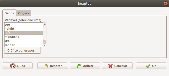 Caixa de diálogo para a geração do boxplot. Nesse exemplo, estamos selecionando a variável igf1.